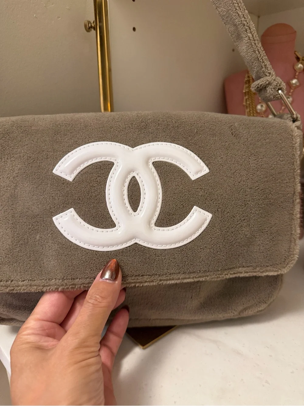 Taupe Plush Shoulder Bag with White Logo